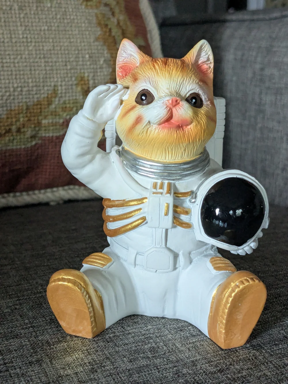 Cute White & Gold Astronaut Cat Figurine